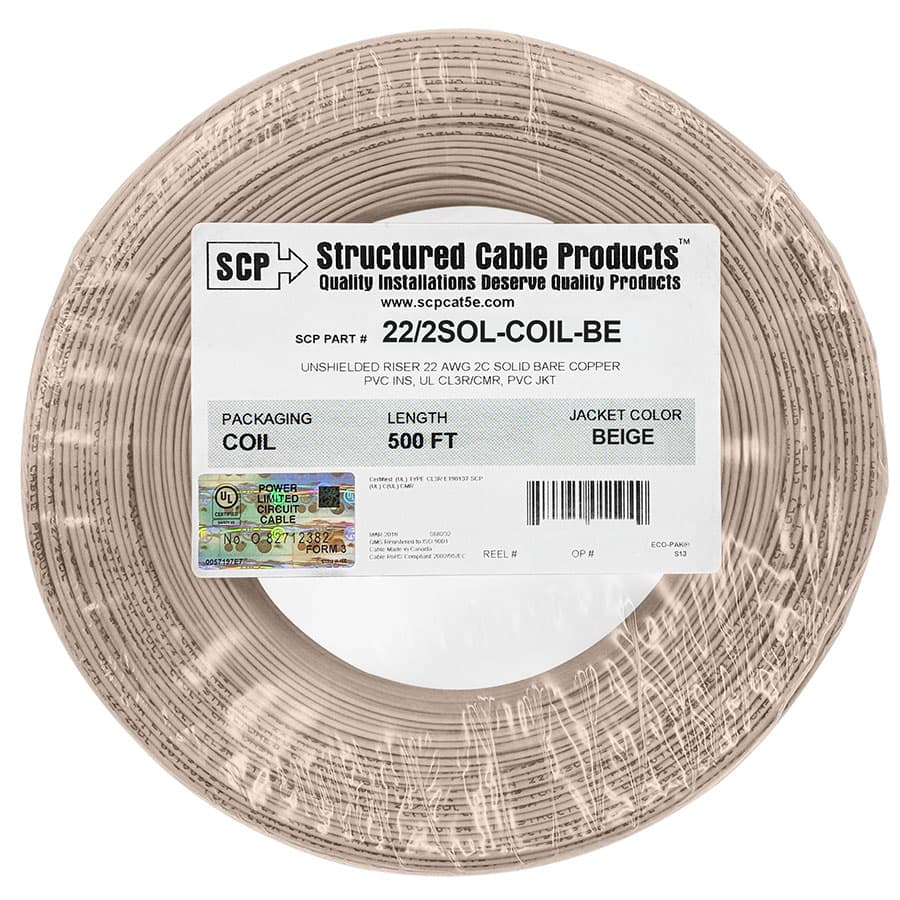 4-units min. Structured Cable Products, Inc.  2c/22 Awg Solid Bc, Security Cable, Ul Cmr Pvc Jkt- Beige- 500 Ft Coil Pack - 22/2SOL-COIL-BE