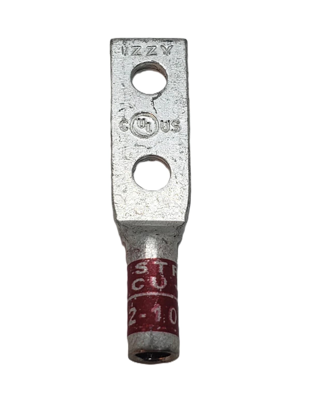 75-units min. Izzy Lugs  Izzy Lugs #8 Stranded 2 Hole, #10 Hole Long Barrel Copper Compression Lug With Inspection Window.5/8in Spacing For#8 Stranded Copper Wire - I82-10S