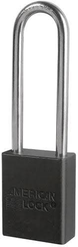 5-units min. Master Lock  BLACK ANODIZED ALUMINUM SAFETY PADLOCK, 1-1/2IN (38MM) WIDE WITH 3IN (76MM) TALL SHACKLE, MASTER KEYED - A1107MK Series