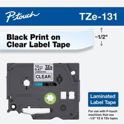 12-units min. Brother Mobile Solutions  1 Pk Black On Clear 1/2 Inch Tape 26.2 Ft For All Tz Machines - TZE131