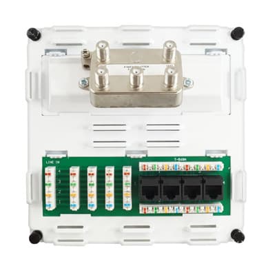4-units min. Structured Cable Products, Inc.  Structured Media Module - Cat6 Triple Play - 4in/4out Cat6 Patch Panel + Cat6 Voice 1x4 110 Idc Punch Down + 4 Way Digital Coax Splitter 5-2400mhz, - 1ea - SMM-C6D4V4S4