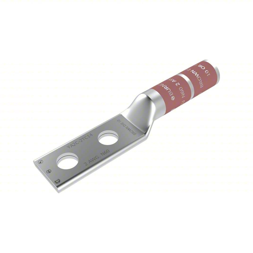Burndy YA2C2TC14E2 - Copper Compression Lug, 2 Hole W/o Inspection Window, 2 Awg, 1/4 Stud, 3/4 Stud Hole Spacing, Long Barrel, Tin Plated