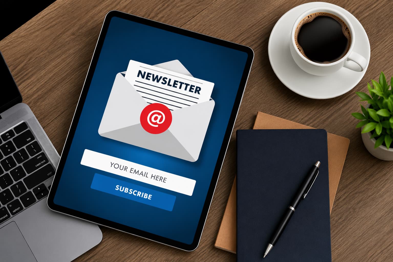 Tablet showing a newsletter sign-up form next to a cup of coffee